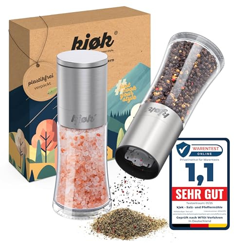 kjøk Premium Salz und Pfeffermühle Edelstahl gebürstet, Glas und BPA - 2er Set Gewürzmühle mit Keramikmahlwerk verstellbar - Mühlenset manuell für getrocknete Gewürze - 2x Mühle ohne Inhalt