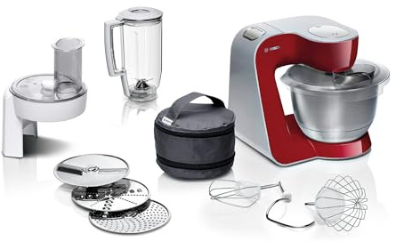 Bosch MUM5 CreationLine Küchenmaschine MUM58720, vielseitig einsetzbar, große Edelstahl-Schüsssel (3,9l), Durchlaufschnitzler, 3 Scheiben, Mixer, 1000 W, rot/silber, Dunkelrot/Silber, 27.1 cm l x 28.2 cm w x 28 cm h