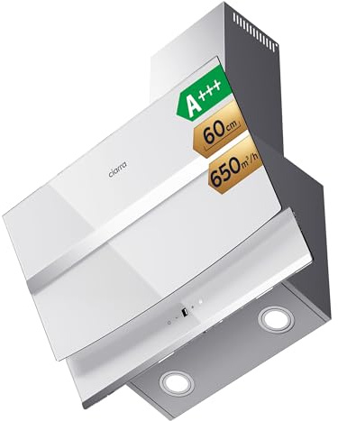 CIARRA Kopffreie Dunstabzugshaube Schräghaube 60cm 650m³/h  CBCW6736N | Touch Control | Dimmbar LED-Beleuchtung |Weiß | Leise 58dB | 4 Leistungsstufen | LED-Beleuchtung | CBCF003 Nicht Enthalten