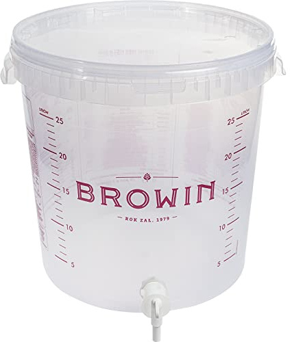 Browin 340439 Durchsichtiger Gärbehälter, 30 L, mit rotierendem Abflusshahn und Deckel - Skala, zur Gärung von Bier, Wein und Zucker-Cuvées, Weiß