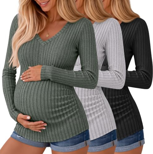 Ficerd 3er-Pack Gerippte Umstandspullover mit Langen Ärmeln | Umstandstops, V-Ausschnitt-Pullover, Seitliche Raffungen, Weicher Herbstpullover, Legere trendige Winteroutfits