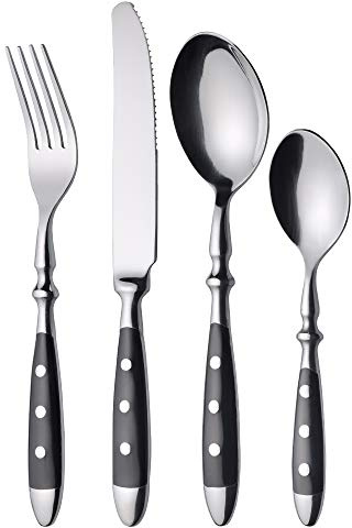 GRÄWE Besteckset für 6 Personen aus Edelstahl, Schwer, Rustikal, Tafelbesteck Set 24-teilig, Geschmiedetes Besteck mit Schwarzen Griffen - Serie Nürnberg