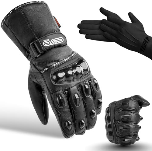 EVO New Pure Leather Motorbike Motorcycle Bike Heavy Duty Waterproof Winter Thermal Carbon Shell Gloves Winter Thermal Inner Gloves Included Free (L)