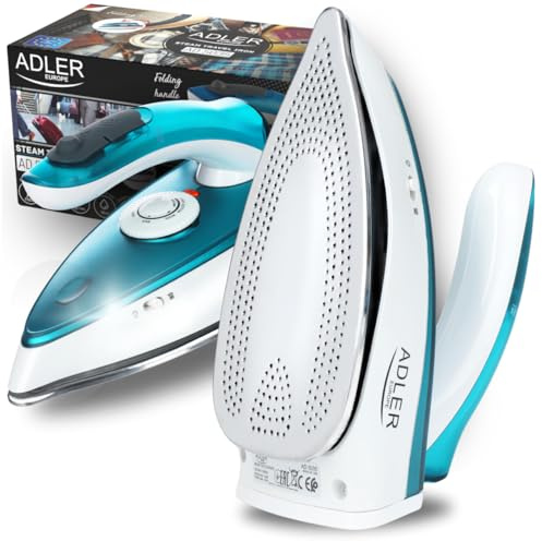 ADLER EUROPE Reisebügeleisen Mini 1700W – Kompakt mit klappbarem Griff 19,5x9x8,5cm – 70g Dampfstoss und Trockenfunktion - Edelstahlsohle, 60ml Wassertank und 1,94 m Kabel