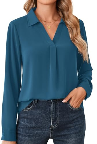 Beluring Langarmshirt Damen Elegant V-Ausschnitt Hemdbluse Langarm Bluse Einfarbig Arbeit Shirt
