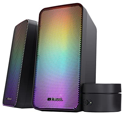 GXTrust Wezz 2.0 PC Lautsprecher mit RGB LED-Beleuchtung, 12W (6W RMS) | 3,5 mm AUX Klinke, USB Soundsystem, Stereo Computer Boxen für PC Laptop Tablet Desktop, Schwarz