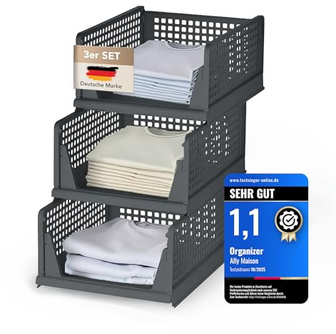 Ally Maison® Schrank Organizer 3er Set (Faltbar & Stapelbar) – Kleiderschrank Organizer Boxen, platzsparende Aufbewahrungsbox aus Kunststoff – für Schrank, Bad, Küche & Büro geeignet – Anthrazit
