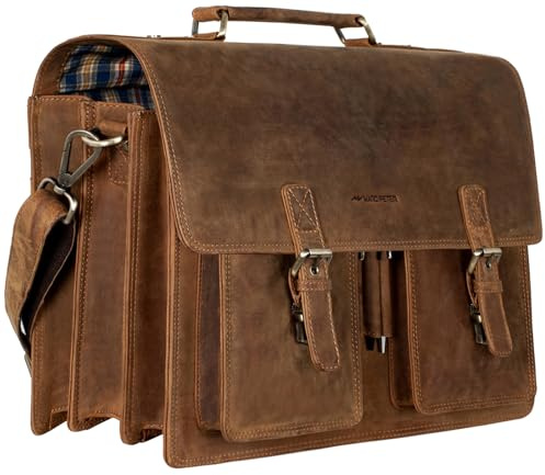 Marc Peter Amsterdam Aktentasche Leder XL Vintage Lehrertasche mit Laptopfach 15,6 Zoll große Ledertasche zum Umhängen Trolley aufsteckbar