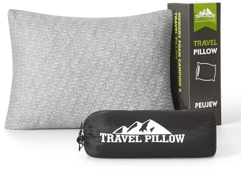 PEUJEW Reisekissen Memory Foam Kissen, Camping Kissen Kleines Kissen 45x35x12 cm, Reisekopfkissen mit Wasserdichter Packsack, Ideal für Flugzeug, Auto und Camping (M, Hellgrau)