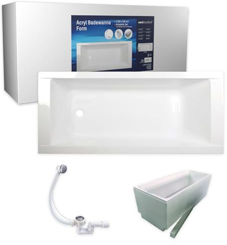sanicomfort Badewanne Komplettset Form Rechteck 170x75 cm – Acryl-Badewanne weiß mit Wannenträger & Ablaufgarnitur, Wärmedämmung & Schalldämmung, pflegeleicht & robust