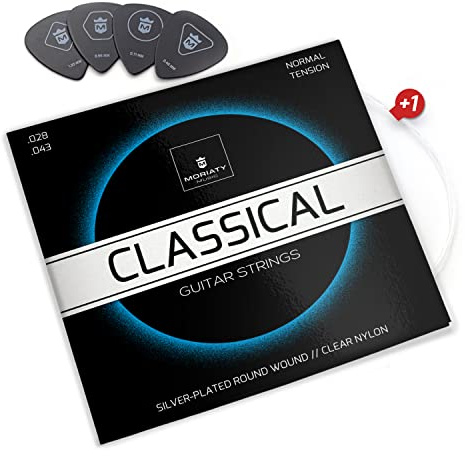 MORIATY® Gitarrensaiten Konzertgitarre – Saiten für klassische Gitarre (Nylon & Silber) | Akustikgitarre 6er Set inkl. 4 Plektren + Extra E-Saite | Hochwertige Guitar Strings