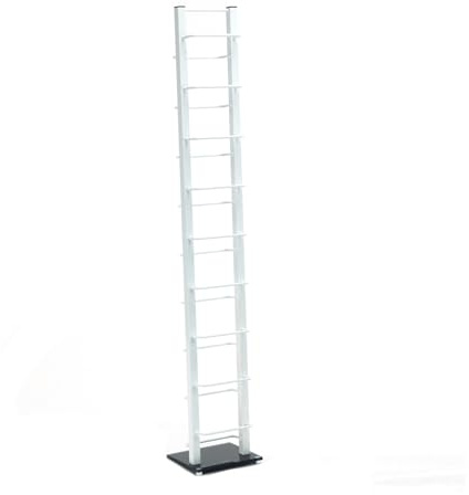 Design CD Regal Tower | 138x20 cm (HxB), Metall mit Glasfuß | stilvolle CD Aufbewahrung, Retro CD Rack für ca 126 CDs, CD Ständer | Farbe: weiß