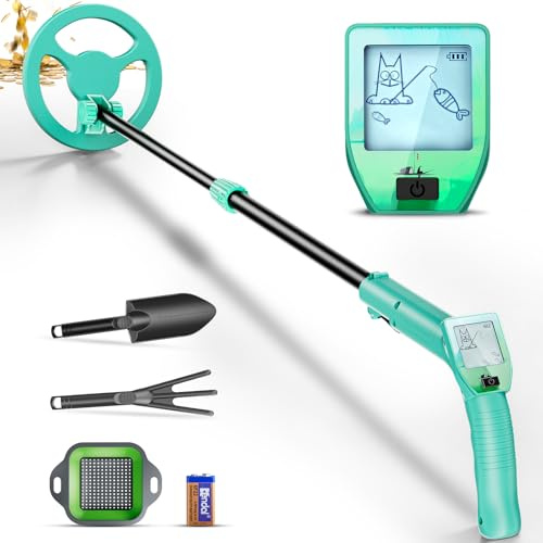 Metalldetektor für Kinder, Verstellbare Länge (16-35) Metalldetektor, LCD-Display & Leichter Metalldetektor Kinder mit 6.5 Wasserdichter Spule, Schaufel, Rechen zum Erkennen von Münzen(Grün)