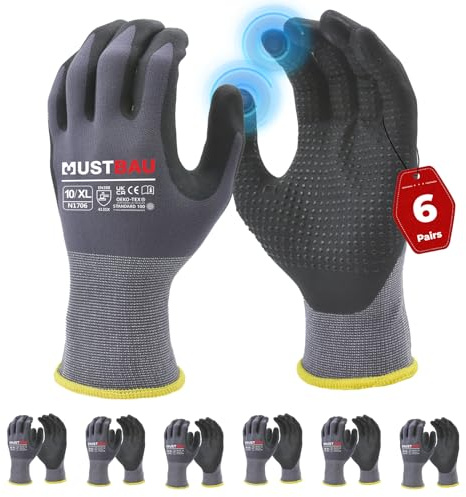 Mustbau Arbeitshandschuhe Schwarz mit Touchscreen, Arbeitshandschuhe Herren mit Nitril Beschichtung für Montagearbeit,Mechaniker, Gartenarbeit und Bauarbeiten, Gr. XL, 6 Paare