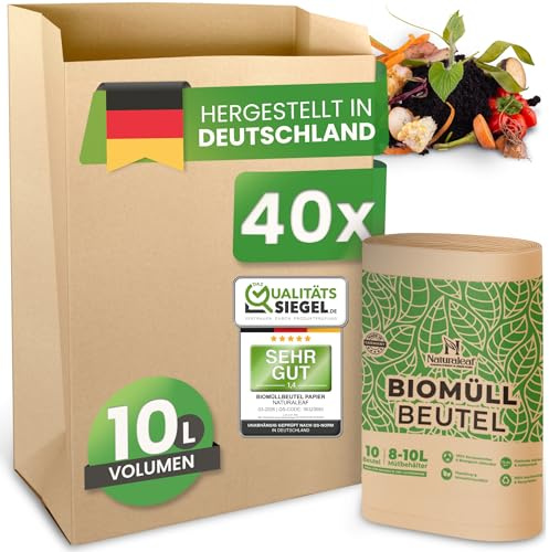 Naturaleaf® Biomüllbeutel 10L | 40 Stück | Extra Nass- & Reißfest | Bio Müllbeutel mit optimaler Stärke & Haltbarkeit | Biomülltüten für Gastronomie & Haushalt | Papiertüten Biomüll