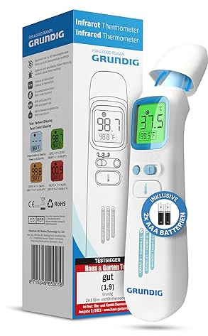 Grundig Fieberthermometer kontaktlos TESTSIEGER - Hochpräzise Fieber an Ohr Stirn Erwachsene Kinder und Baby blitzschnell messen I mit Batterien I Thermometer Fieber Stirnthermometer Ohrthermometer