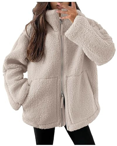 Generisch Teddyjacke Damen Fleecejacke Warme Einfarbig Teddyfleece Teddy Jacke mit Taschen und Reißverschluss Dicke Freizeit Zwei-Wege Reißverschluss Winterjacke Plüschjacke