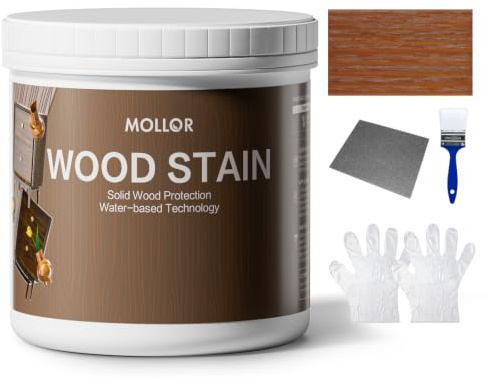 MOLLOR Holzbeize & Holzfarbe Wasserbasis 500g, 2-in-1 Färbung&Versiegelung, ohne Grundierung/Decklack, schnelltrocknend geruchsarm ungiftig Innen-/Außenmöbel (Teakholz mit Werkzeugen)