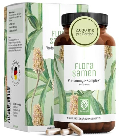 NATURTREU® Flohsamenschalen Kapseln hochdosiert, 120 Kapseln vegan | 2000mg Flohsamenschalen Pulver je Tagesdosis - Flohsamen Verdauungs Komplex * mit Calcium, Fenchel & Süßholzwurzel