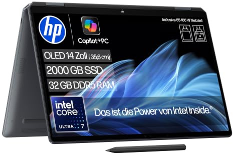 HP OmniBook Ultra Flip, 14 OLED, Intel Core Ultra 7, 32GB RAM, 2TB SSD | Copilot+ Premium Convertible mit Touch, für Kreativarbeit & Business, 120Hz, Wi-Fi 7 - inkl. Tilt pen, QWERTZ, Eclipse Gray