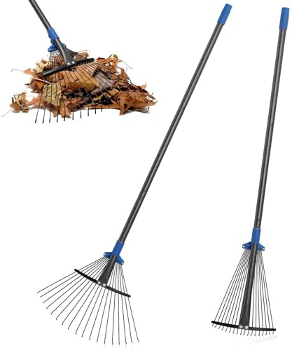Harrms Gartenrechen Laubrechen, 18-zinkiger Metallrechen mit verstellbarem Kopf 25-45 cm, Rasenrechen Laubbesen mit ergonomischem Stiel 170 cm für müheloses Laubaufsammeln, Gartenabfälle beseitigen