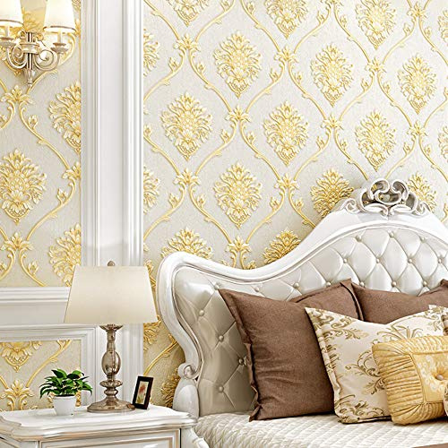 Retro Simplicity 3D fein geprägte PVC-Tapete Europäische Damast Schlafzimmer Wohnzimmer TV Hintergrund Wand Geschäft Dekoration Bekleidungsgeschäft Café Hotel 1.73'Wx32.8'L Nicht Geklebt(Beige)