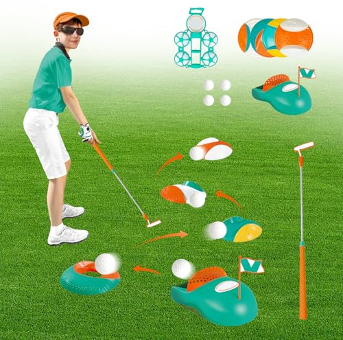 KalaDuck Kinder Golfspielzeug, Golfset mit Einziehbaren Golfschlägern, Automatisch Ballrückgabe, Golfbällen, Golfköpfen und Übungslöchern, Innen Außen Garten Sportspiel Geschenk für Jungen Mädchen