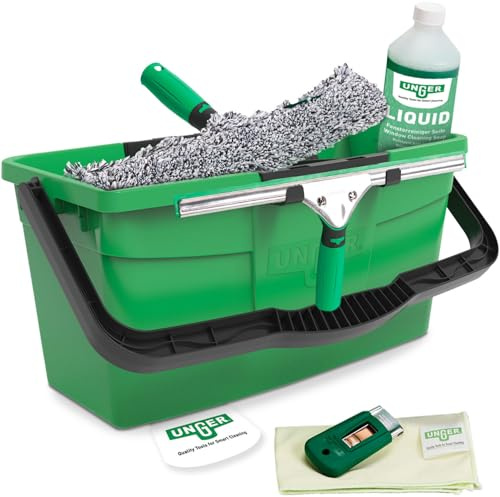 UNGER ErgoTec Profi Fensterreiniger 6in1 Complete Kit – Profi Fensterputzer Set mit Fensterabzieher, Fensterwischer, Eimer, Reiniger-Konzentrat, Mikrofasertuch, Sicherheitsschaber für Glasreinigung