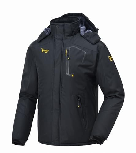 donhobo Herren Fleecejacke Winter Wasserdicht Warme Skijacken Outdoor Winddicht Camping Wanderjacke Hooded Regen Mantel Schwarz XL