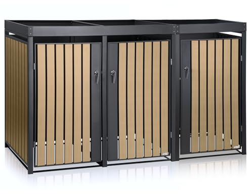 Zelsius Mülltonnenbox 3er mit Pflanzdach für 3 Tonnen | 120-240 Liter | Anthrazit RAL 7016 | Tür in Holzoptik inkl. Erweiterungsmöglichkeit | Mülltonnenhäuschen, Müllboxen