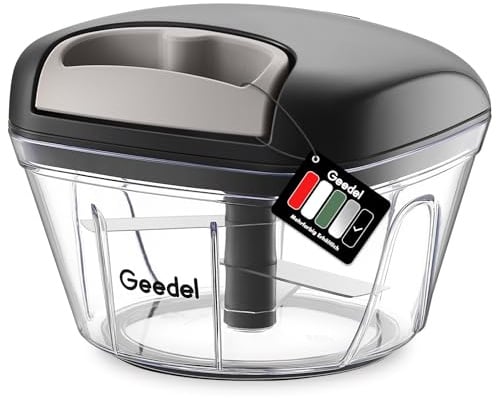 Geedel Zwiebelschneider, 500ML Zwiebel Zerkleinerer mit Seilzug, Gemüseschneider Zerkleinerer Manuell mit Edelstahlklingen, Multizerkleinerer Zwiebelhacker für Gemüse, Zwiebeln, Nüsse, Knoblauch