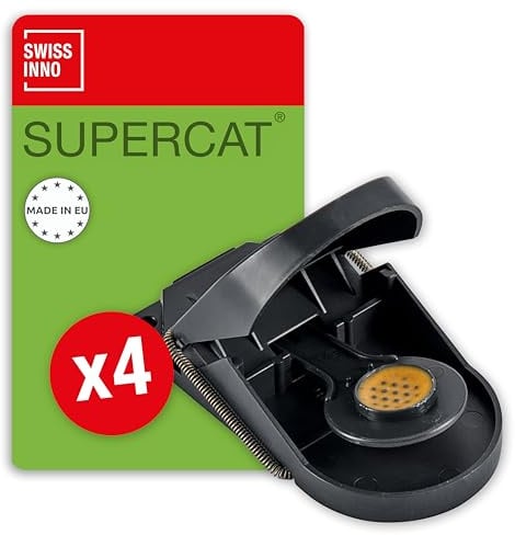 SWISSINNO Mausefalle SuperCat – 4 Wiederverwendbare Schlagfallen mit vorbefülltem Köder – Effektive Mäusefalle für Haus & Garten – Präziser Fangmechanismus für drinnen & draußen