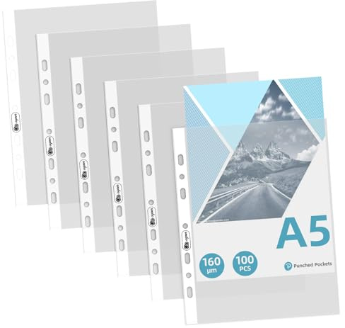 100 Klarsichtfolien A5 Extra Stark,Prospekthüllen DIN A 5 Stabil,160my Plastikhülle mit 7 Lochung,Transparent Dokumentenhüllen a5 Folienhüllen Stammbuch,A-5 Fotohüllen Genarbt für Schule,Uni,Büro