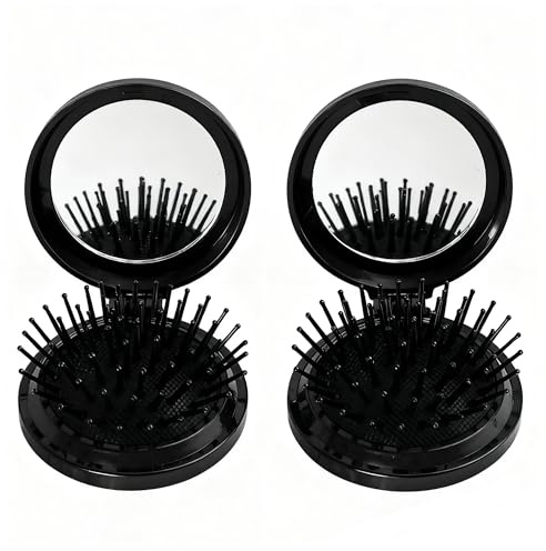 Xynovate 2er Pack Faltbare Reise-Haarbürste, Haarbürste ohne Ziepen, Mini Haarkamm für Locken mit Reise Spiegel Runde Tragbare Faltbare Tasche für Männer Frauen und Mädchen(Blak)