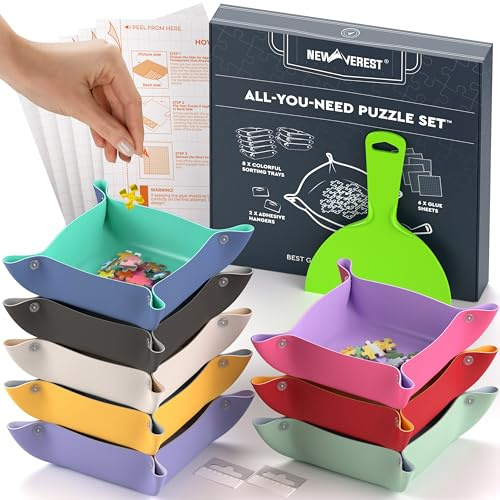 Newverest Alles-in-Einem Puzzle Set – 8 Sortierschalen für bis zu 2000 Teile, 6 Klebefolien, 1 Großer Spachtel & 2 Selbstklebende Aufhänger in Geschenkbox – Unverzichtbares Set für Puzzleliebhaber