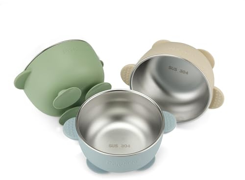 PandaEar 3er Set Edelstahl Baby Schüsseln mit Saugnapf – Breischale für Babybrei & Porridge, Rutschfeste Babyschüsseln mit Silikonhülle, Unzerbrechlich & BPA-frei, Kinderschüssel (Blau/Grün/Braun)
