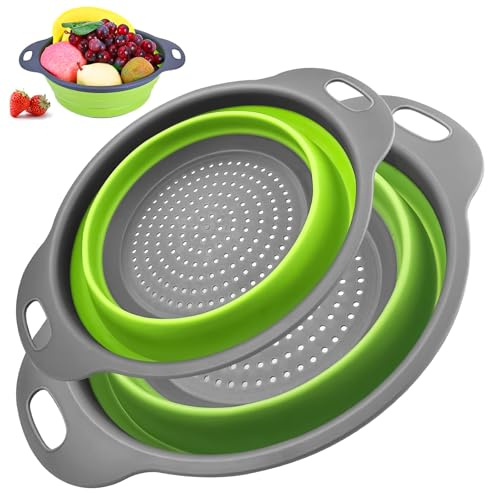 Faltbares Küchensieb Set – 2 Größen 24,5 & 29 cm – Sieb aus Silikon & PP – Hitzebeständig bis 230 °C – Platzsparend & BPA-frei – Abtropfsieb für Nudeln, Gemüse, Obst