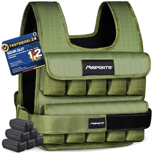 MSPORTS Gewichtsweste Premium Verstellbar von 5 kg - 30 kg Weighted Vest | Laufweste Damen Herren | Fitness Trainingsweste Krafttraining (5 kg, Military Green)