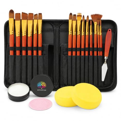 OfficeTree Pinselseife 40 g mit 15 Künstlerpinseln und Zubehör | inkl. Pinselseife Spachtel Schwamm & Tasche - Künstler Pinselset Acrylfarben Öl Gauche - Nylon Haarpinsel Set - Malpinsel
