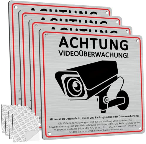 4 Stück Achtung Videoüberwachung Schild Privatgrundstück mit DSGVO Hinweis, 15x15cm, Gebürstetes Aluminium, Selbstklebend und 4 Bohrlöcher, Kamera Überwachung Schild, Hinweisschild Videoüberwachung