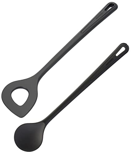 Westmark Spitzlochlöffel + Rühr-/Kochlöffel-Set, 2tlg., Hochhitzebeständig bis 270 °C, Kunststoff, Gentle-Plus, Schwarz, 288722E9