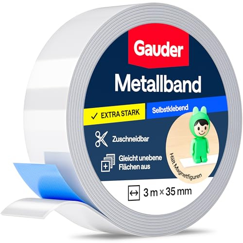 GAUDER Metallband selbstklebend - Ideal für Tonie®-Figuren & -Regale - Magnetband für Magnete - Ferroband mit Schaumstoff-Kleber - Stahlband und Eisenband (3 m x 35 mm)