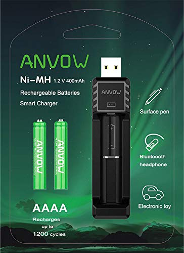 ANVOW Smart AAAA-Ladegerät mit 2 Stück Wiederaufladbare AAAA-Batterien - NI-MH 1,2 V 400 mAh 1200 Zyklen Surface Pen Active Stylus Akkus