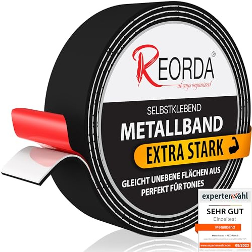 REORDA® Metallband selbstklebend Schwarz - Ideal für Tonies®-Figuren & -Regale (EXTRA STARK) - Magnetband für Magnete I Ferroband I Magnetband selbstklebend I Eisenband (3m)