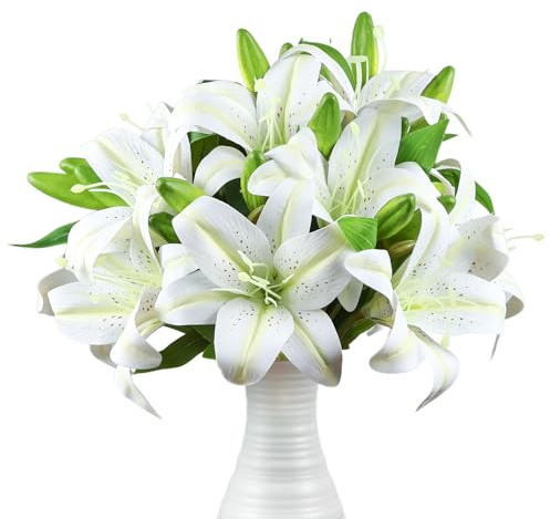12 Stück Weiß Künstliche Lilie Blume, Realistischer Langer Stiel Real Touch Stargazer Lily, Faux Lily Fake Fake Blumen Mit Ruten Für Home Party Hochzeitstisch Herzstück Garten Diy Brüfungendecrage