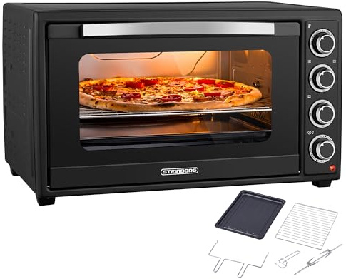 Steinborg® Mini Backofen 60 Liter mit Umluft & Drehspieß, 2000W Tischbackofen groß XXL, 100–230°C, 60 Min Timer, Ober-/Unterhitze & Konvektion, Pizzaofen 3-in-1 inkl. Zubehör