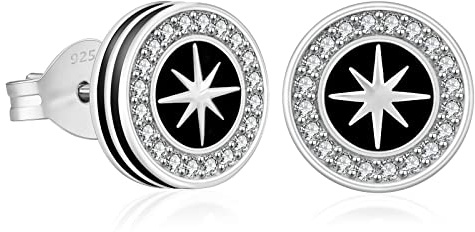 KRKC&CO S925 Silber Ohrringe Herren Iced Out, Rund Schwarz Ohrringe 8mm mit Stern Design, Weißgold beschichtet, echt 925 Sterling Silber, hypoallergen, 𝗚𝗲𝘀𝗰𝗵𝗲𝗻𝗸 𝗳ü𝗿 𝗠ä𝗻𝗻𝗲𝗿 Jungs