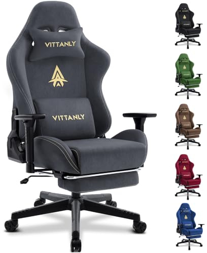 Vittanly Gaming Stuhl, Luxuriöser Wildlederimitat Gaming Chair Bürostuhl, Ergonomischer Schreibtischstuhl mit Fußstütze Kopfstütze und Lendenkissen, 3D Armlehnen, 90-155° Rückenlehne, Grau