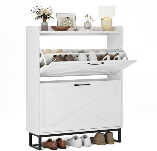 BonVache Schuhschrank schmal, Schuhkipper mit 2 Klappen, Schuhregal mit 4 Ablageflächen für Flur, Schuhkommode mit Metallfüßen, Schuhaufbewahrung Holz, 80x23,8x101,7 cm, Weiß