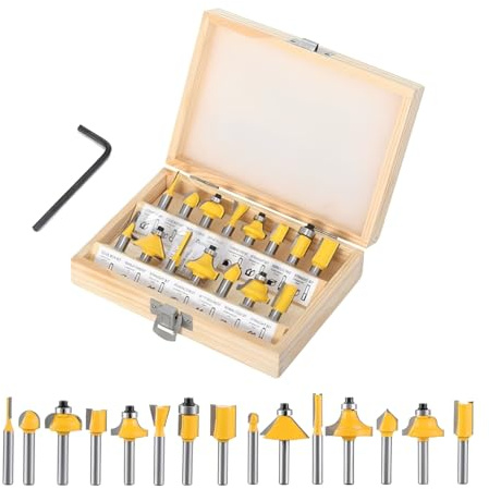 Losxuido 15 Stück Fräser für Oberfräse 6mm Schaft Oberfräse Fräser set Nutfräser Profilfräser Oberfräser Set mit Holzkoffer für Holzbearbeitung (6mm Gelb)